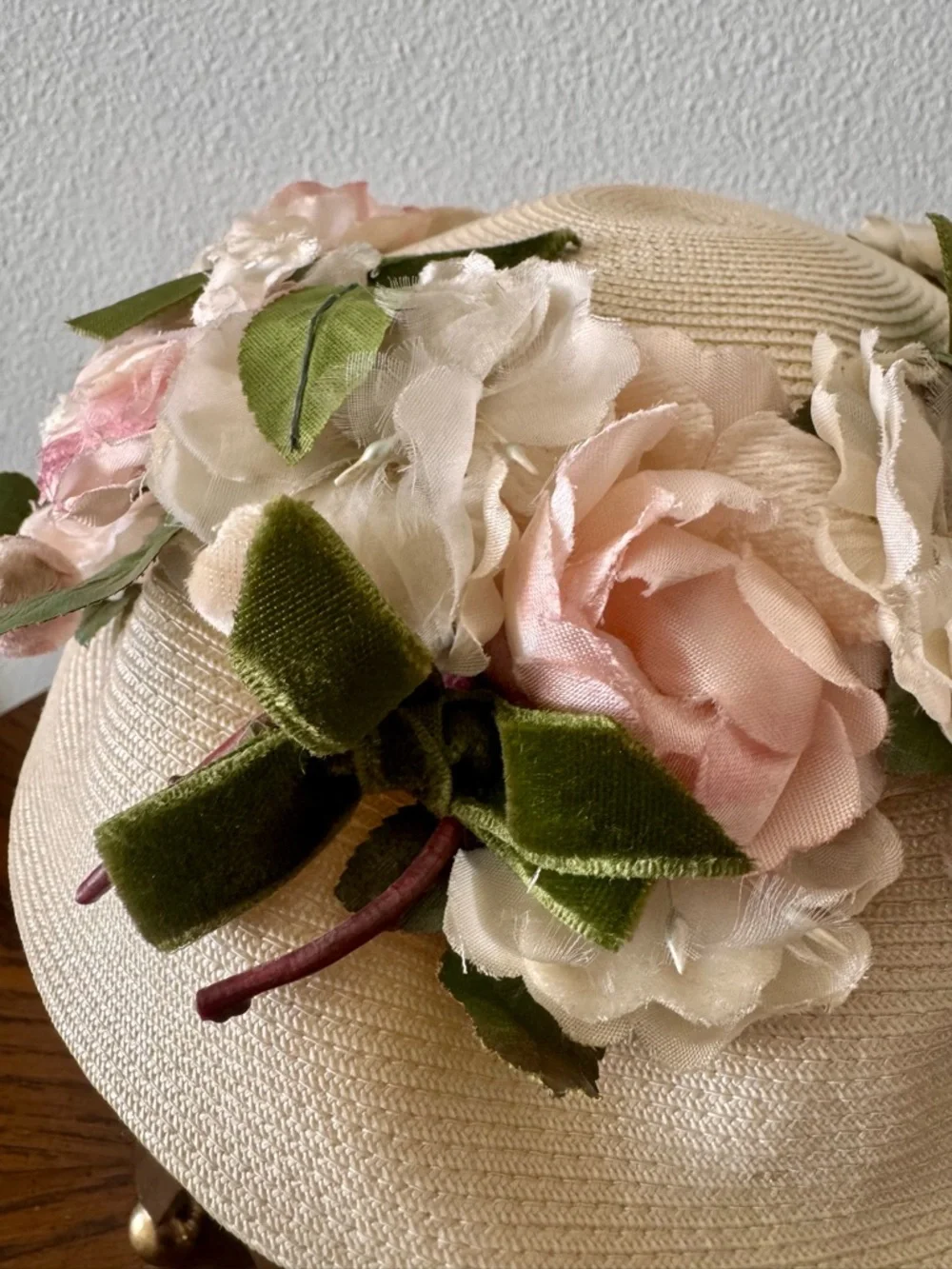 Vintage 1950s Cream millinery Hat with Pink and Green Flowers and Velvet Bow